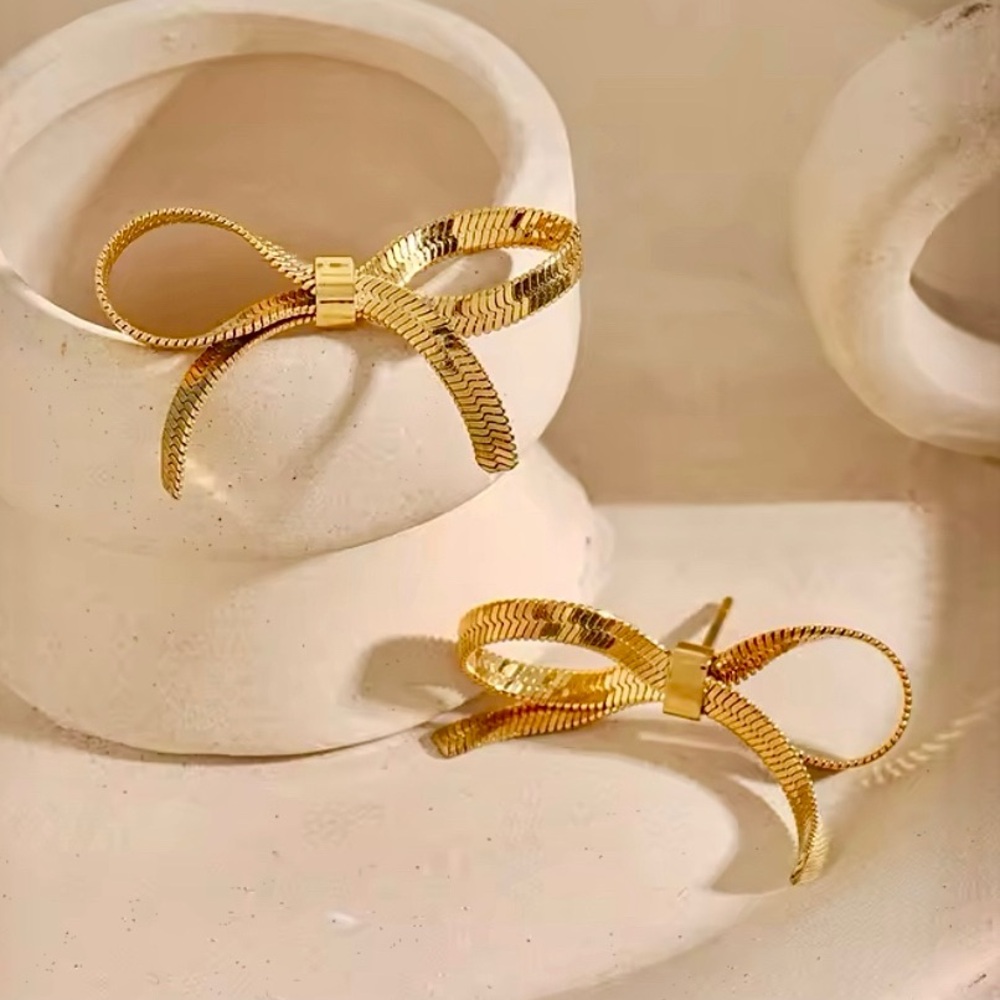 Gold Bow Gift Ribbon Statement Stud Earrings